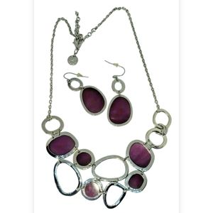ga Signed Abstract Polished Silver Tone & Purple Shell Bib Necklace Earring Set